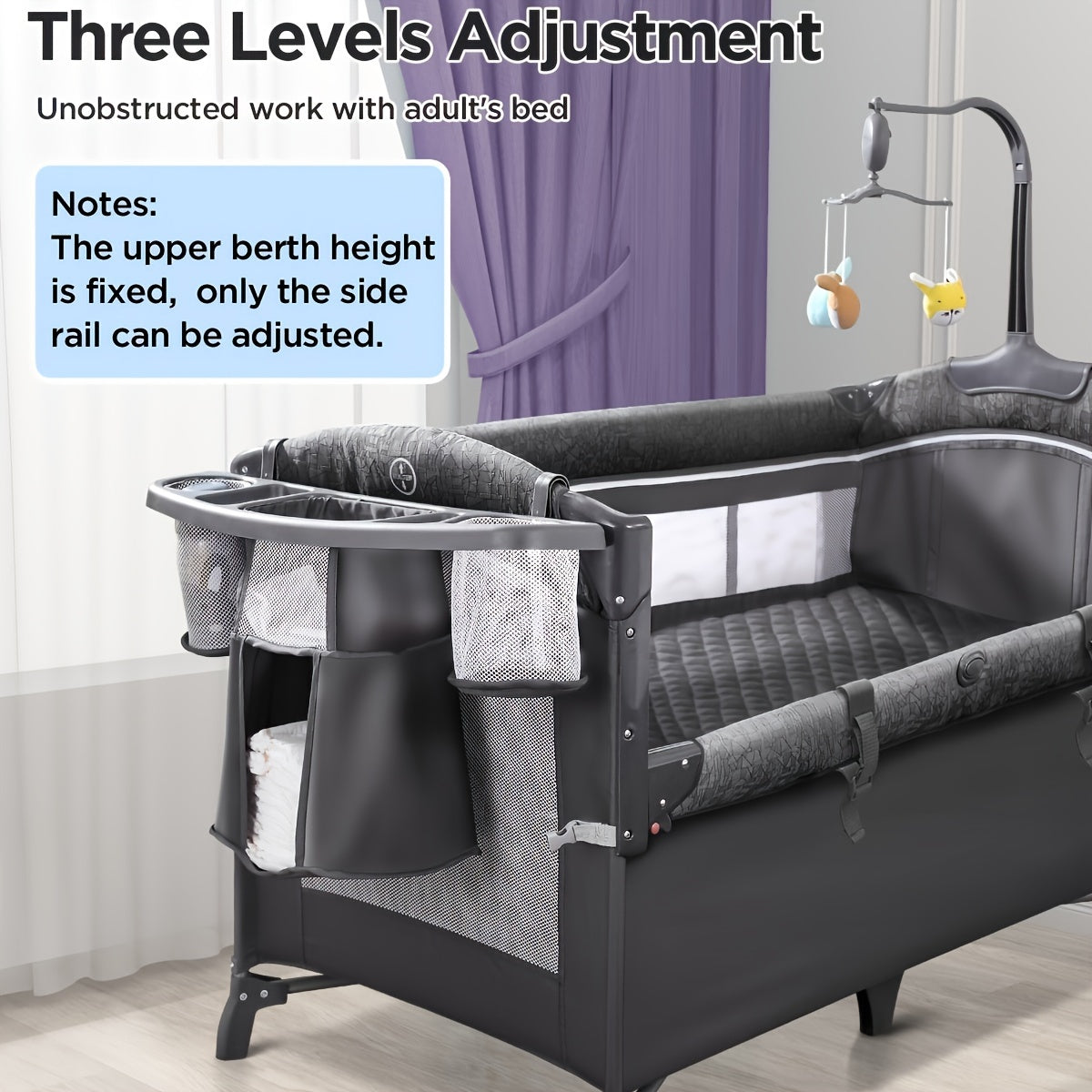 4 In 1 Wide Bassinet, Pack And Play With Sheet, Diaper Changing Table And Music Mobile With Storage