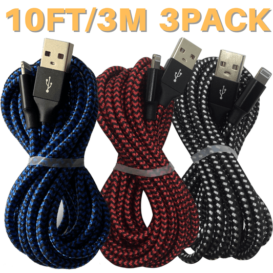 Heavy Duty MFI 3pcs 10ft/3m USB Fast Charging Data Lightning Cable Cord for iPhone 14 13 12 11 Pro XR 8 7 SE Charger