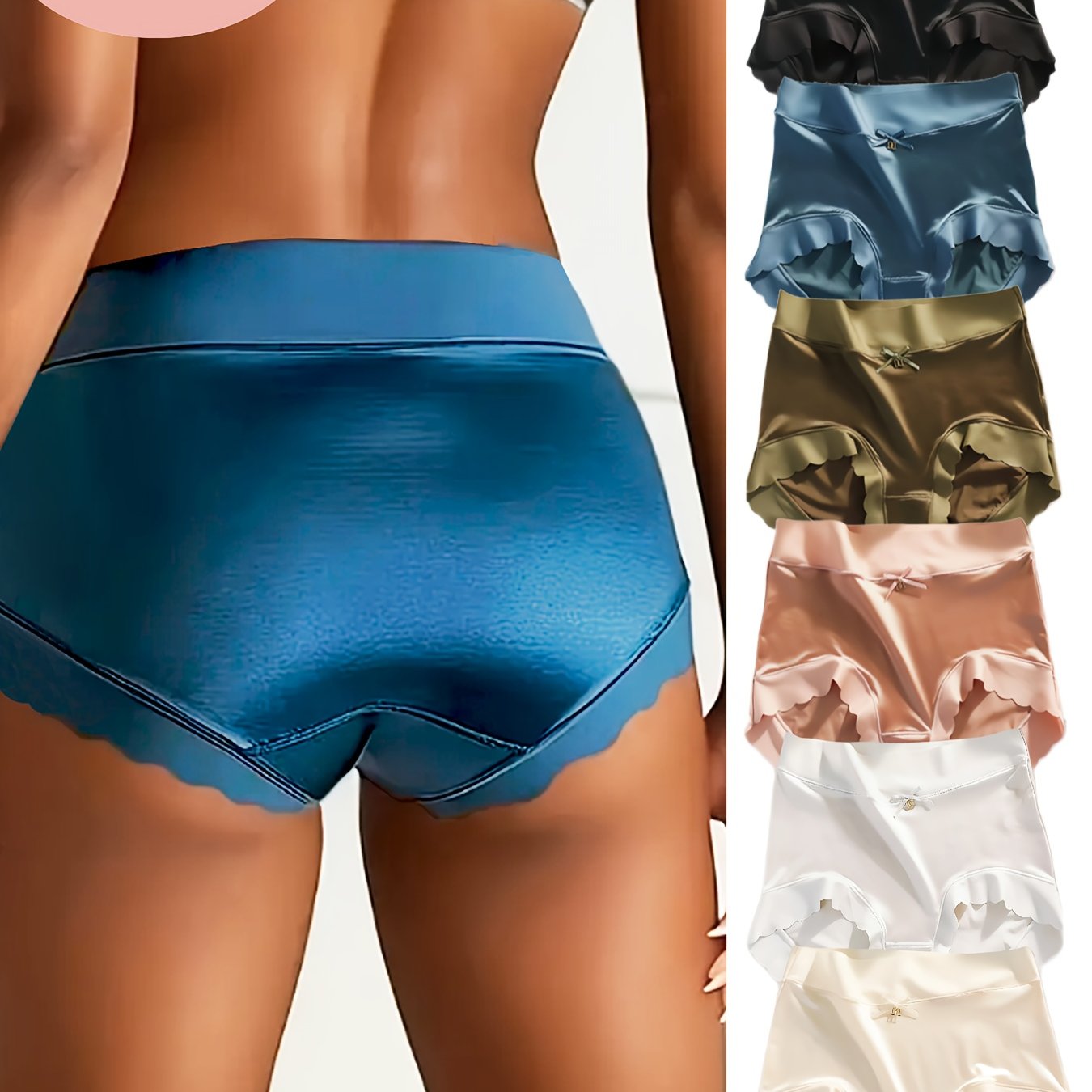 6-Pack Elegant Satin Bow Frill Trim Briefs, High-Waist Stretchy Elastic Panties