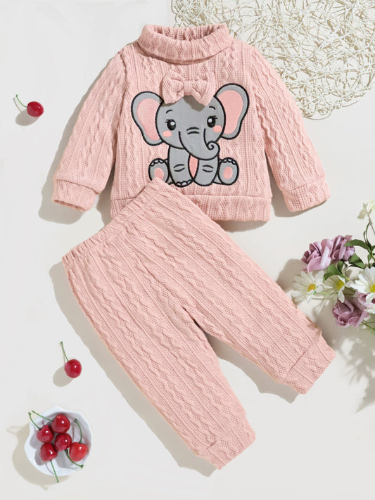 2pcs Baby's Bow Elephant Patchwork Warm Sweater + Casual Knitted Pants, Toddler & Infant Girl's Clothing Set