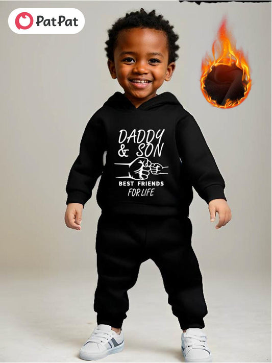 PatPat Baby Boy  Casual Letters DADDY SON Pattern Fleece Long-sleeve Hooded Top and Pant Set