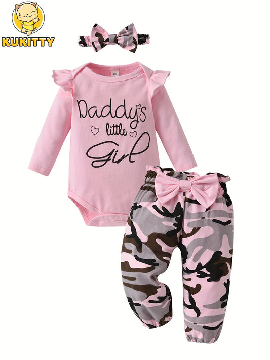 Baby Girl Long Sleeve Ruffle "Daddy's Little Girl" Top + Camouflage Bow Pant + Headband Newborn Outfit Set