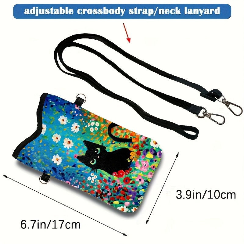 Floral Black Cat Print Faux Leather Phone Pouch with Adjustable Lanyard - Waterproof