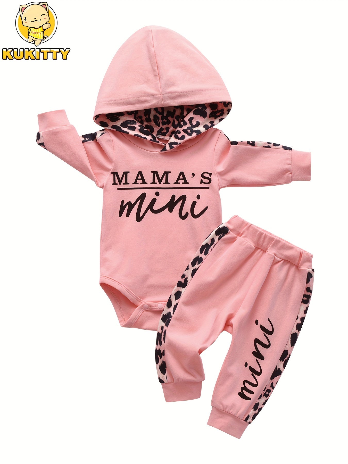 KuKitty Infant Baby Girl Long Sleeve "Mama's Mini" Pullover Hooded Top and Leopard Pant Set