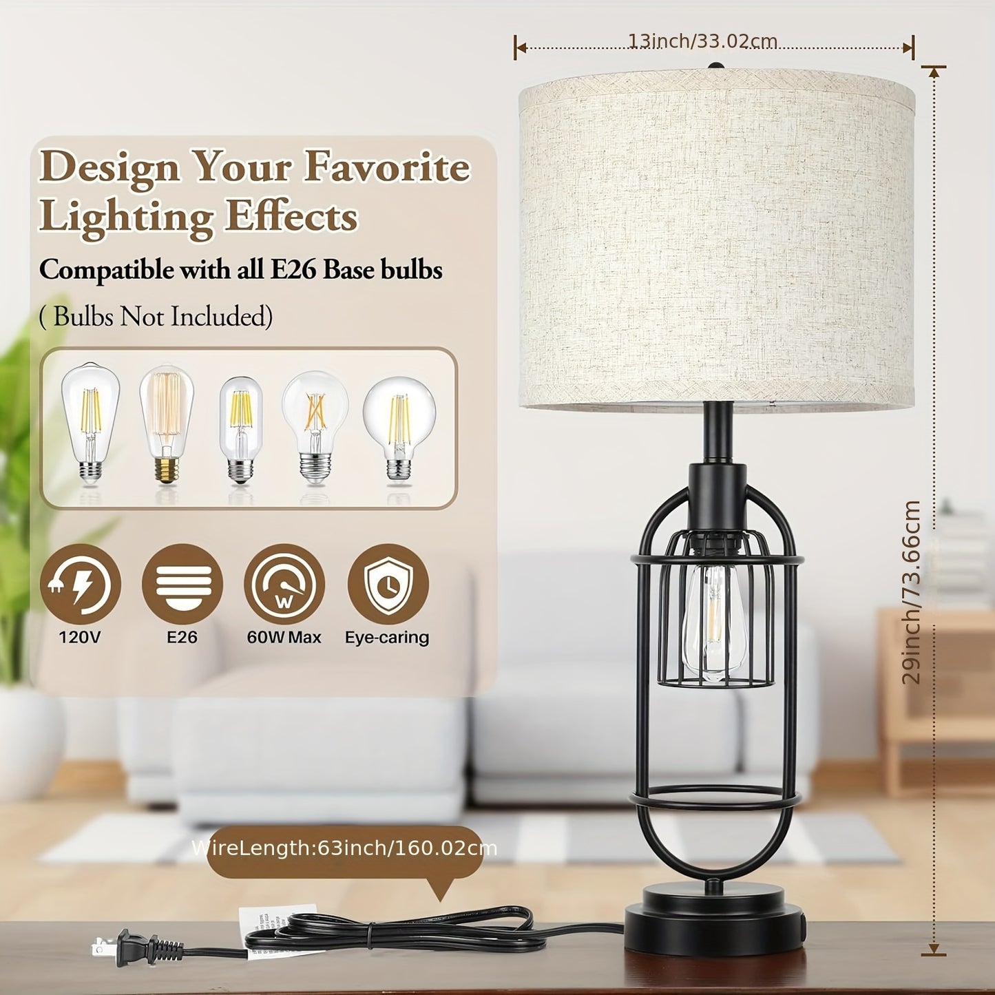 Set Of 2 Table Lamps For Living Room With USB Ports, 29" Tall 2-Light Bedside Lamps, Farmhouse Nightstand