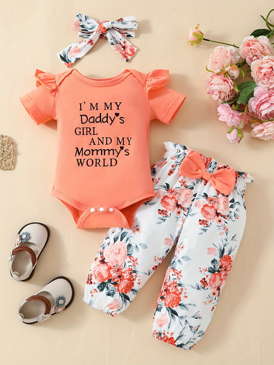 3pcs Daddy's Girl And Mommy's World Short Sleeve Romper with Floral Print and Headscarf Cute Set