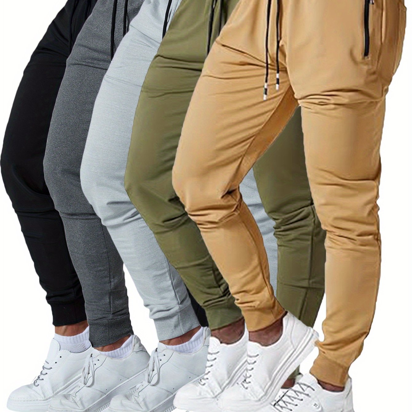 5 Pcs Men's Slim Fit Jogger Sweatpants - Medium Stretch, Zipped Pockets