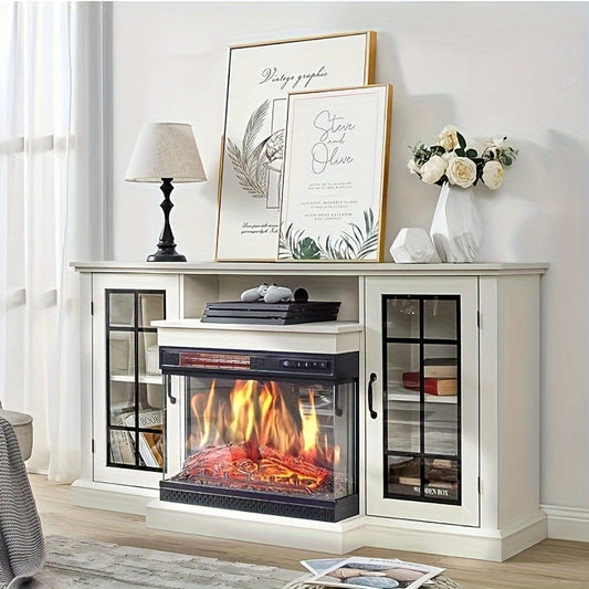 59-Inch Distressed White Fireplace TV Stand with 3-Sided Glass Doors