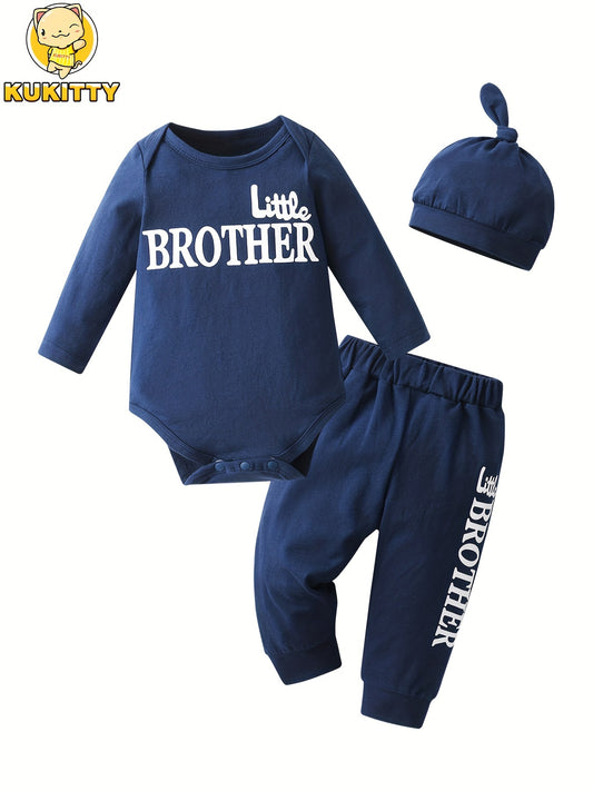 KuKitty Newborn Baby Boy Long Sleeve Little Brother Print Bodysuit Tops + Pants + Hat Infant 3Pcs Outfit Set