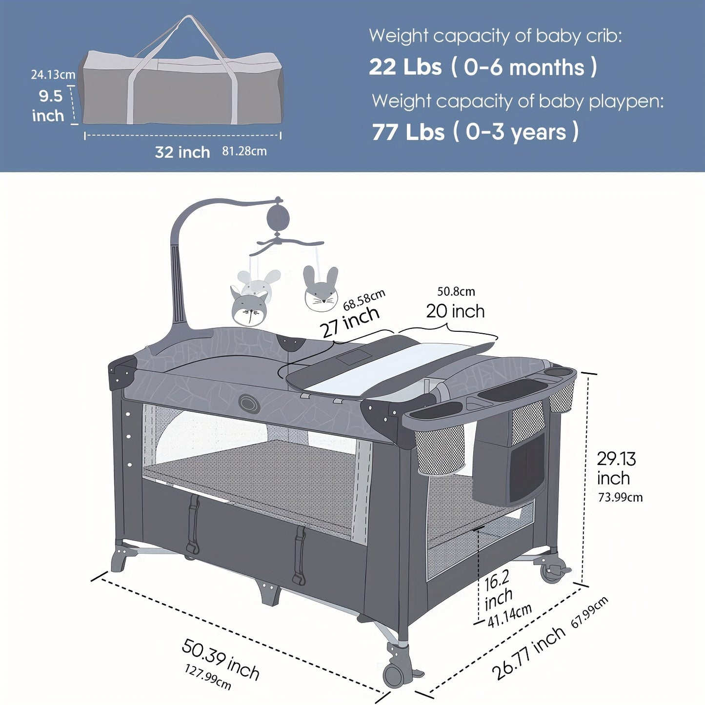 4 In 1 Wide Bassinet, Pack And Play With Sheet, Diaper Changing Table And Music Mobile With Storage