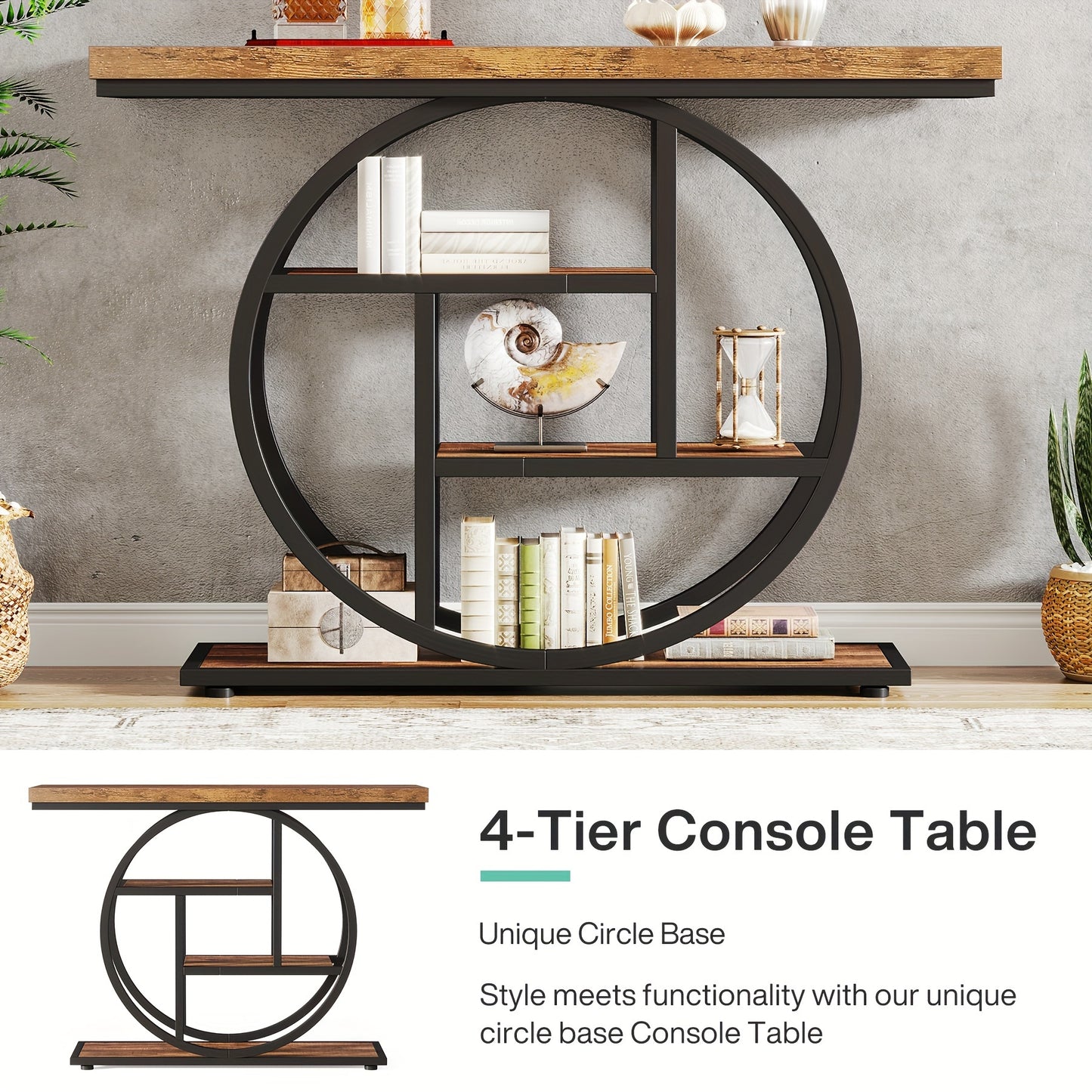 41.3" Rustic Brown Circle Base Console Table with 4-Tier Storage Shelves