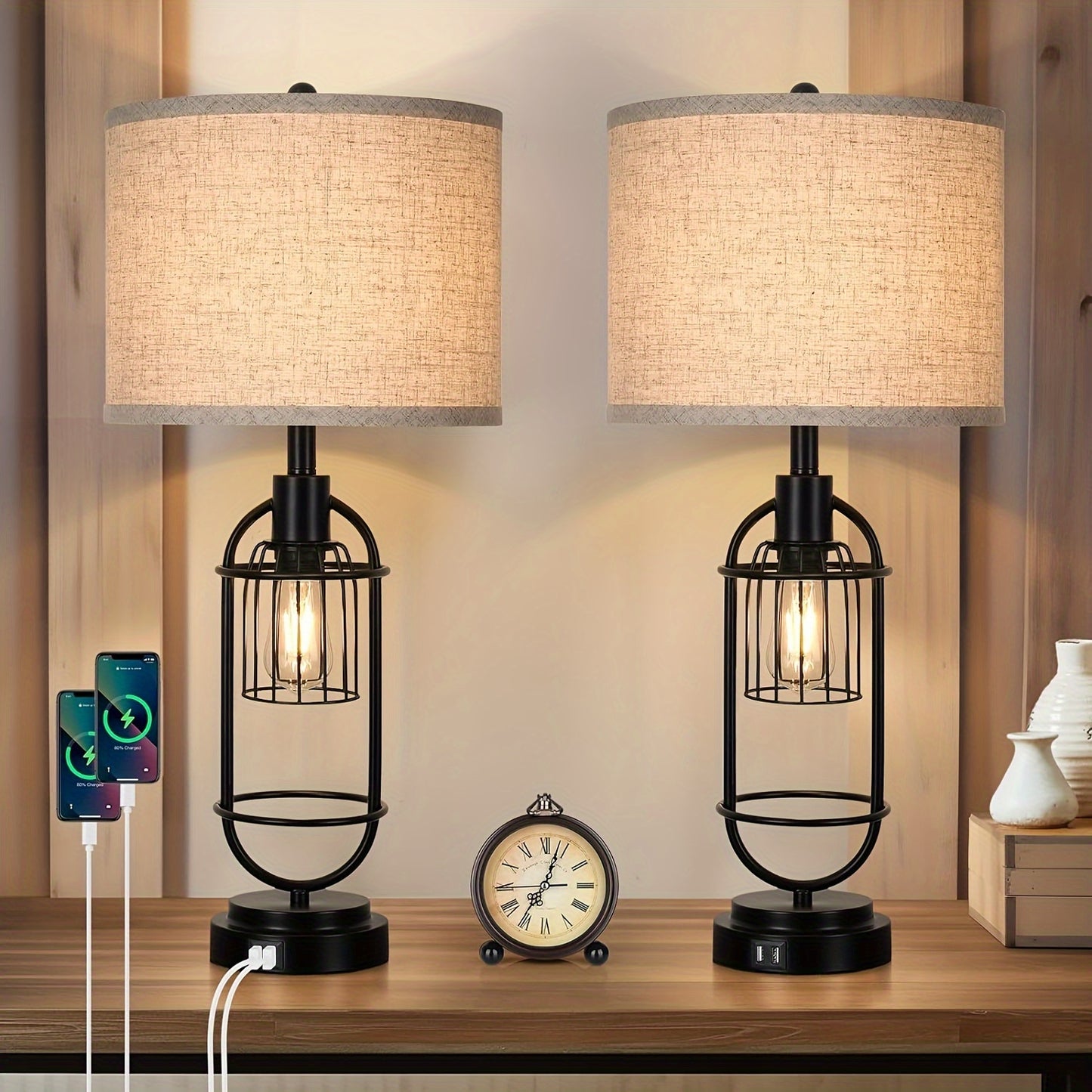 Set Of 2 Table Lamps For Living Room With USB Ports, 29" Tall 2-Light Bedside Lamps, Farmhouse Nightstand