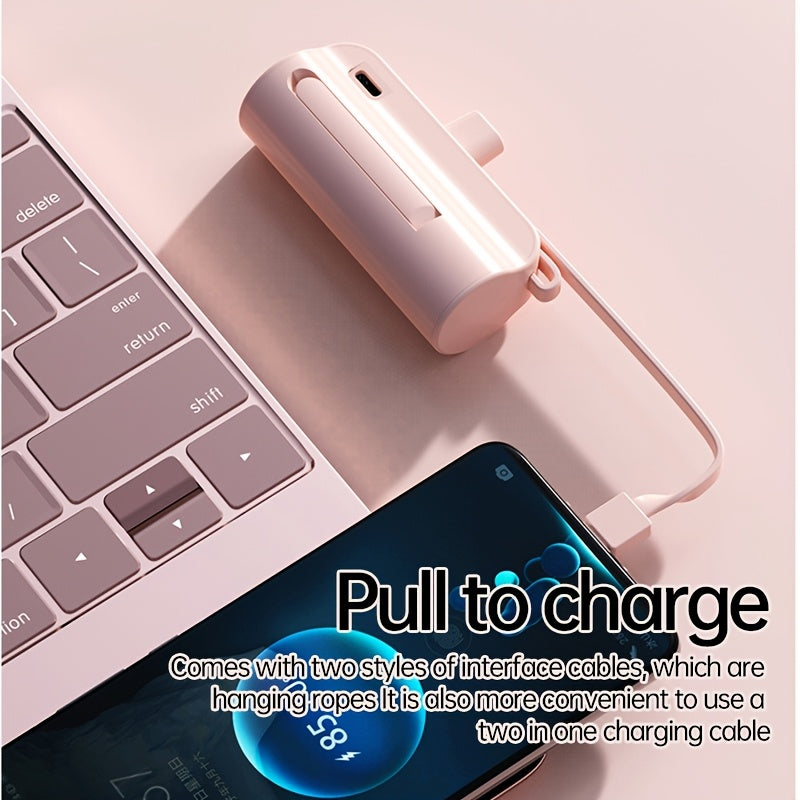 WWinsway Mini Capsule Portable Power Bank 5000mAh -Built-in USB-C Data Cable Dual Interface