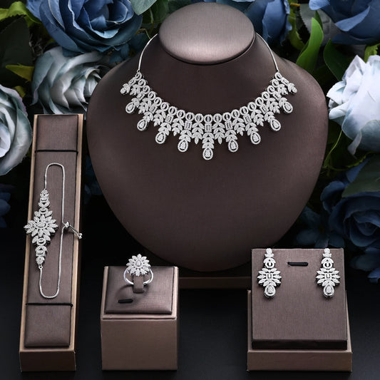 2024 Hot Sale Bridal Wedding Jewelry Sets for Women 4 Pieces Wedding Party Zirconia Necklace Bracelet with Adjustable Chain