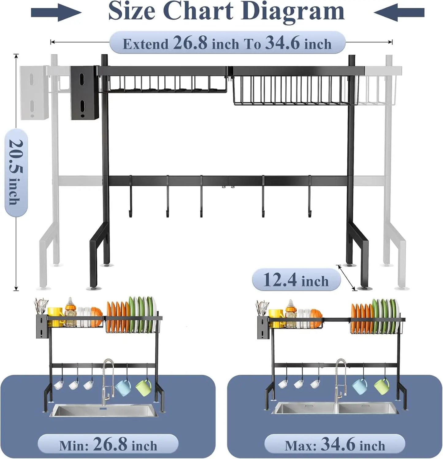 Over The Sink Dish Drying Rack, Adjustable (26.8" to 34.6") Large Dish Drainer Drying Rack