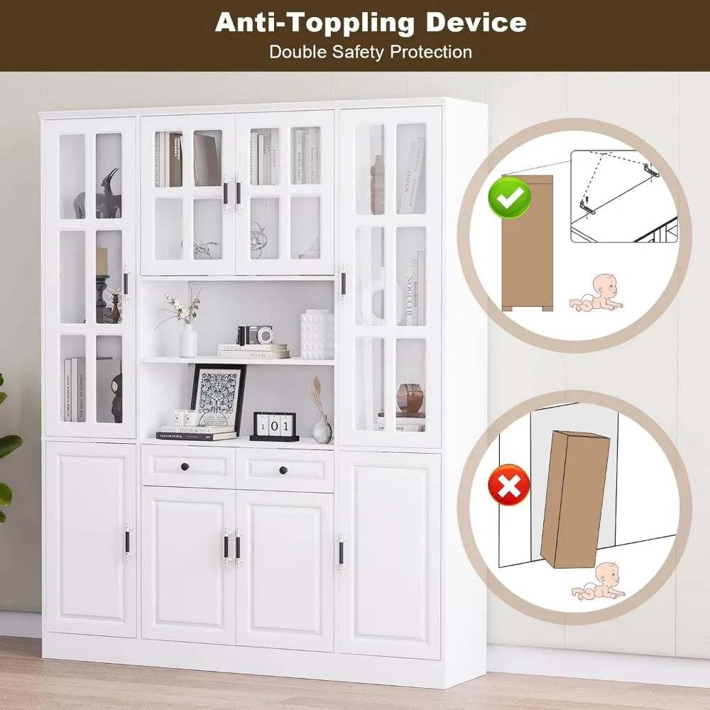 Kitchen Pantry Storage Cabinet, 78.7" Tall Pantry Cabinet with Glass Doors Drawers,Freestanding Utility, White (63" W x 15.7" D)