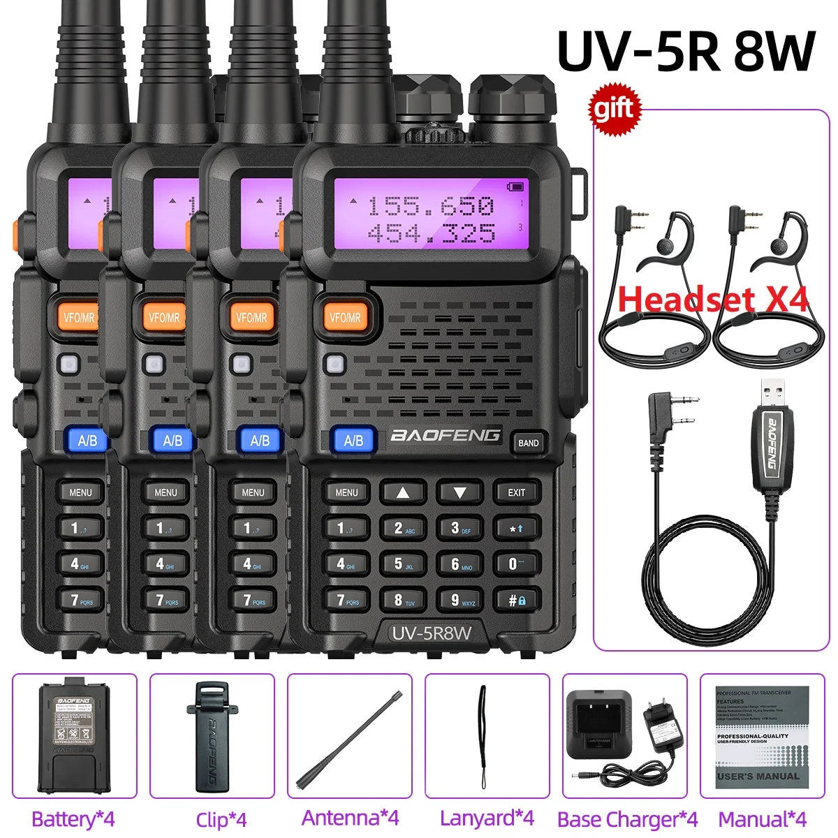 1/2/4 PCS Baofeng UV-5R 8W Walkie Talkie Ham Radio Dual Band VHF UHF Portable FM Amateur 1800mAh UV5R  Two way Radio For Climb