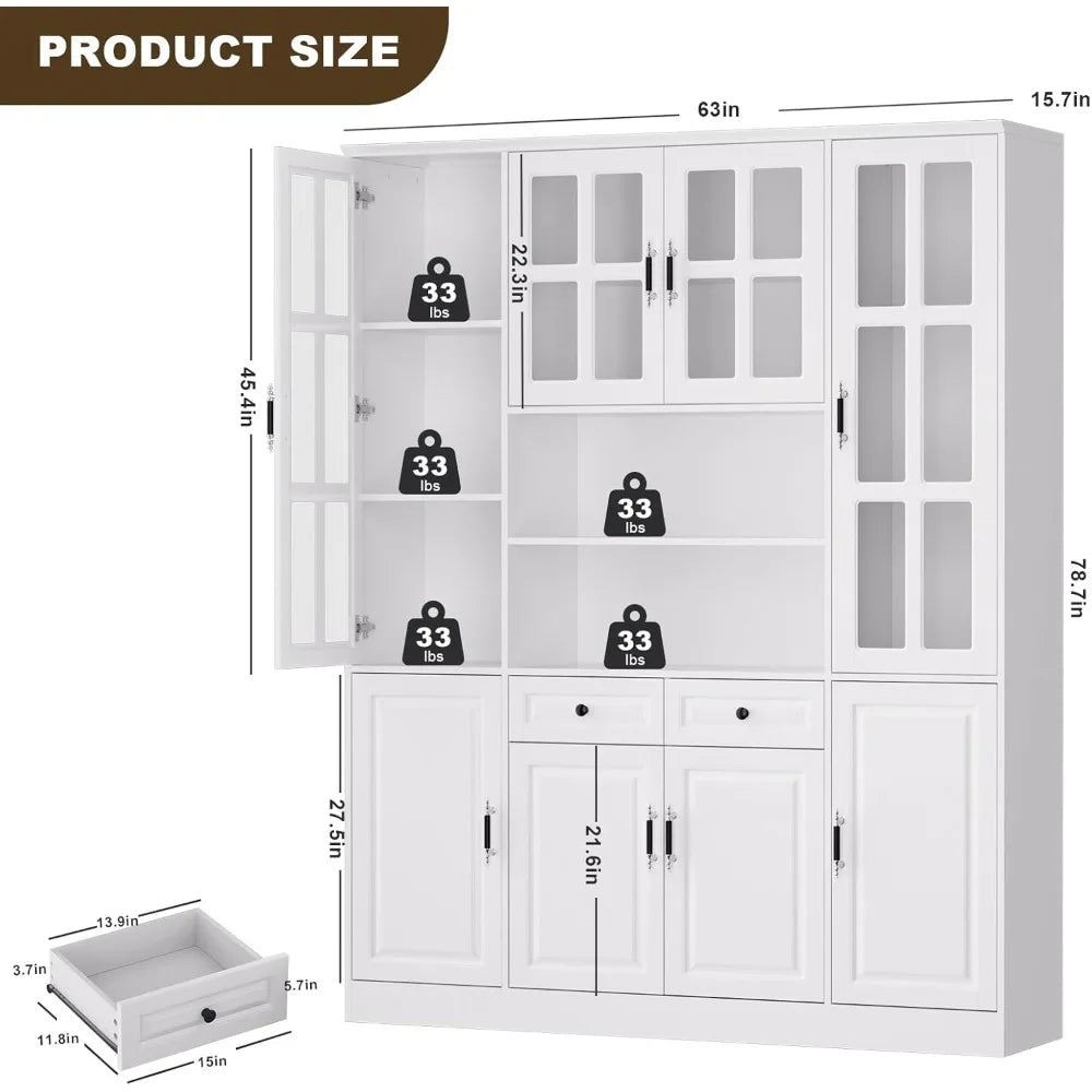 Kitchen Pantry Storage Cabinet, 78.7" Tall Pantry Cabinet with Glass Doors Drawers,Freestanding Utility, White (63" W x 15.7" D)