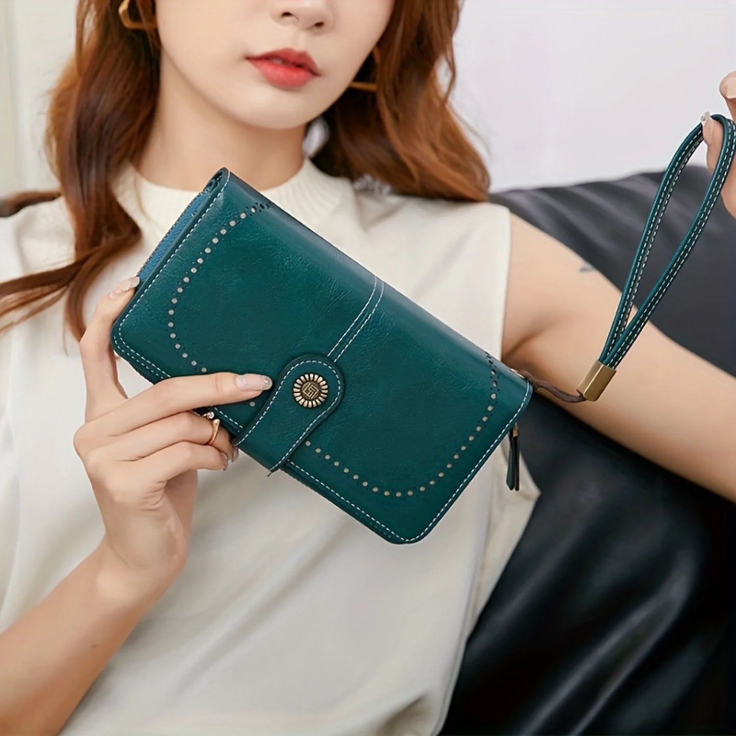 RFID Retro Large Capacity Long Wallet Solid Color Women's Purse With Wrist Strap