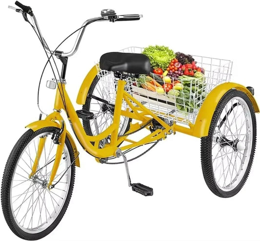 Adult Tricycle Single Three Wheel Bike 24inch 26inch Seat Adjustable Trike with Bell Brake System and Basket Cruiser Bicycles