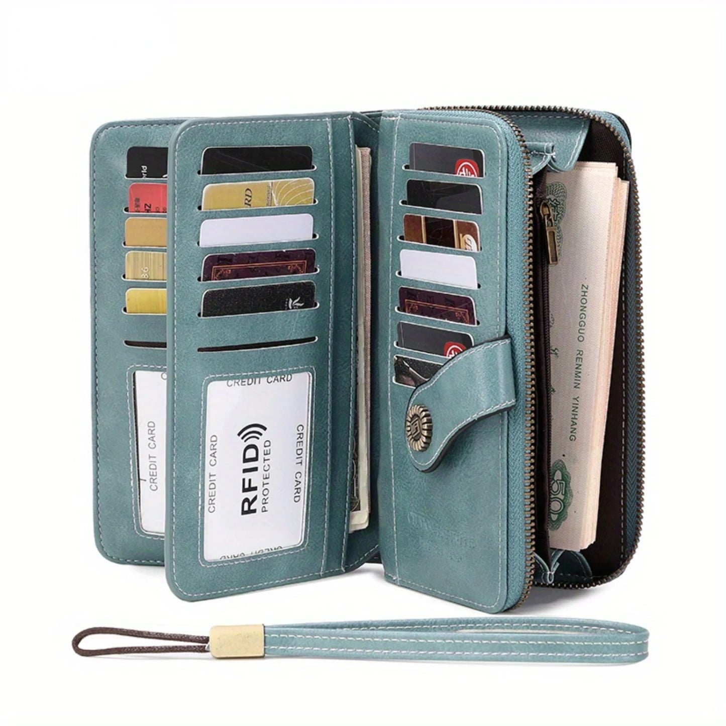 RFID Retro Large Capacity Long Wallet Solid Color Women's Purse With Wrist Strap