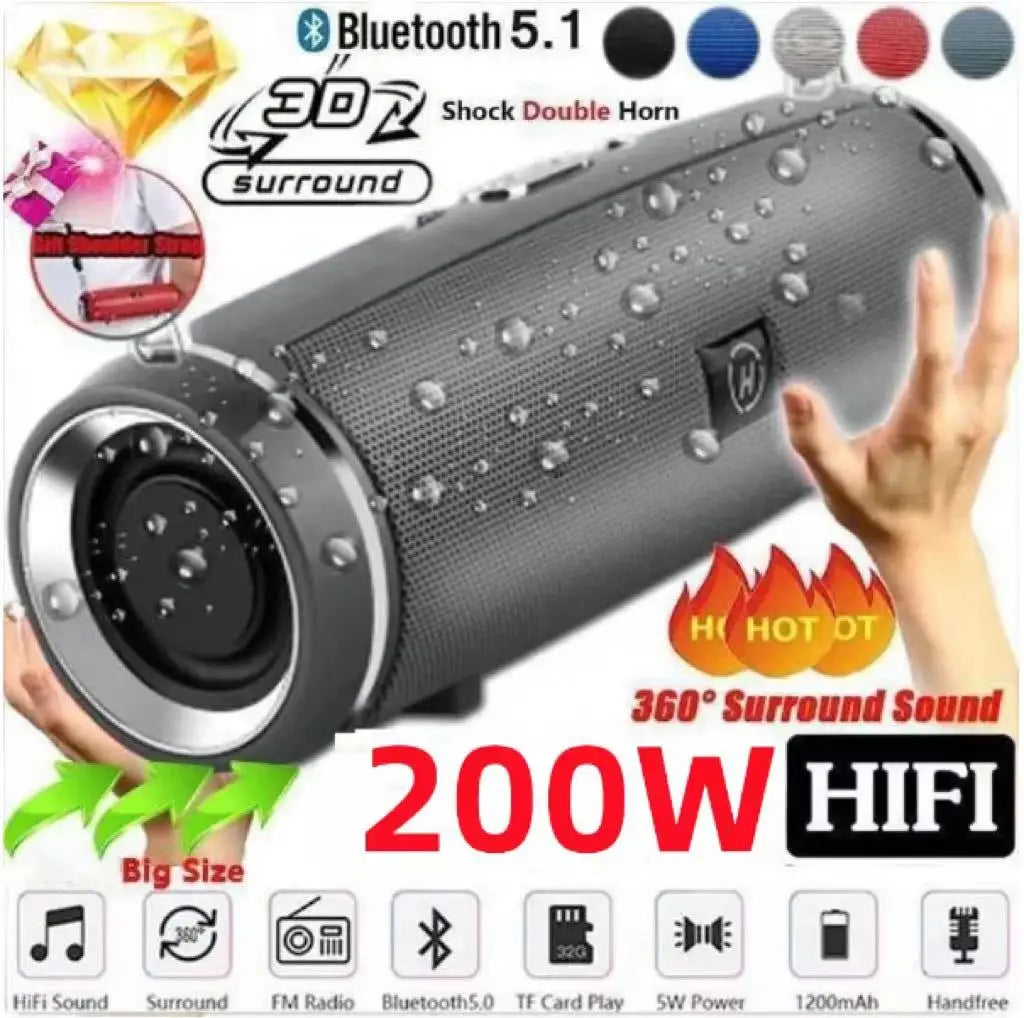 200W Portable Bluetooth Speaker IPX7 Waterproof Speaker Subwoofer Stereo Speaker FM Radio