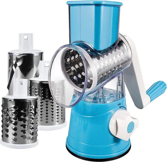 Cheese Grater Rotary, Rotary Grater for Kitchen, 3 in 1 Grater Vegetable Slicer with 3 Drum Blades,