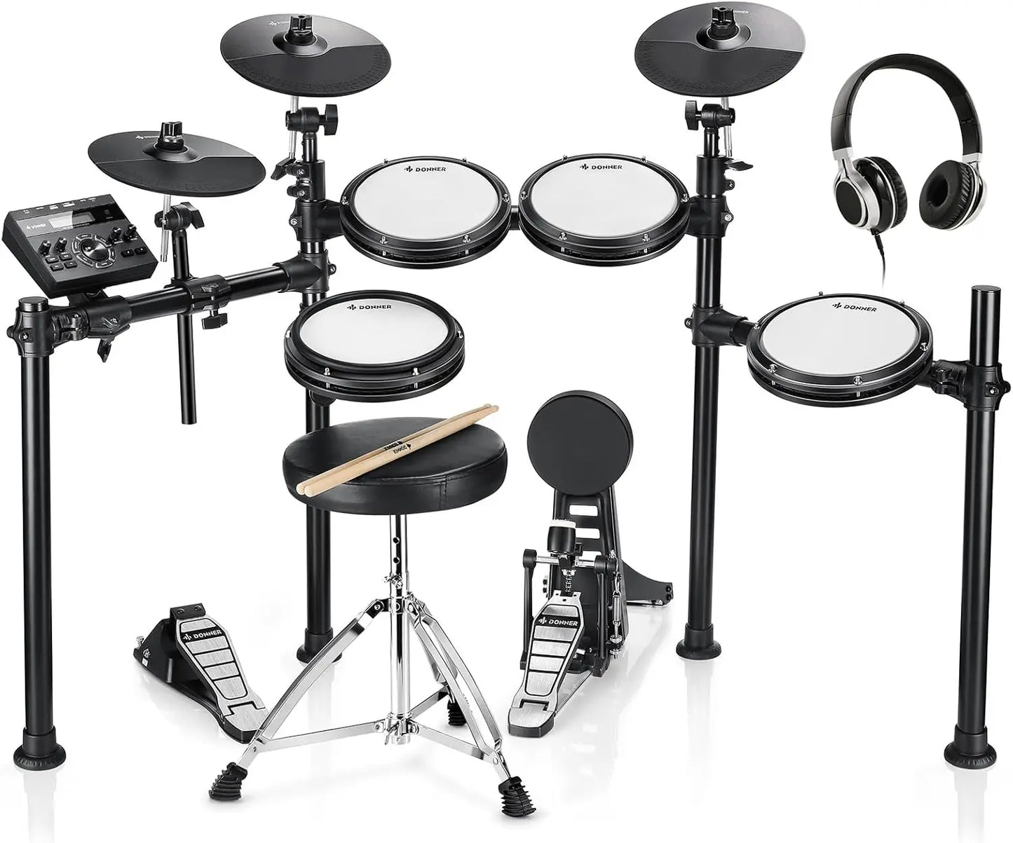 DED-200 Electric Drum Sets with Quiet Mesh Drum Pads, 2 Cymbals w/Choke, 31 Kits and 450+ Sounds, Throne, Headphones, Sti