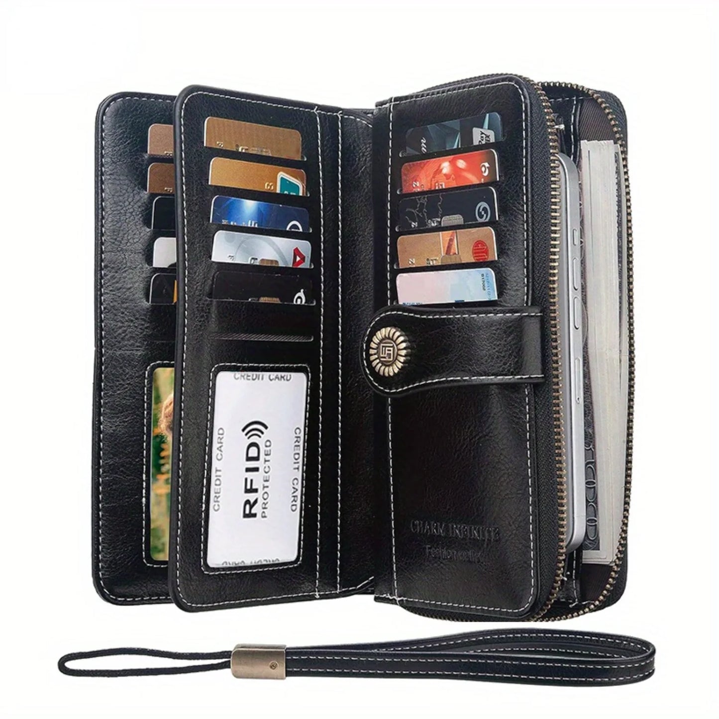 RFID Retro Large Capacity Long Wallet Solid Color Women's Purse With Wrist Strap