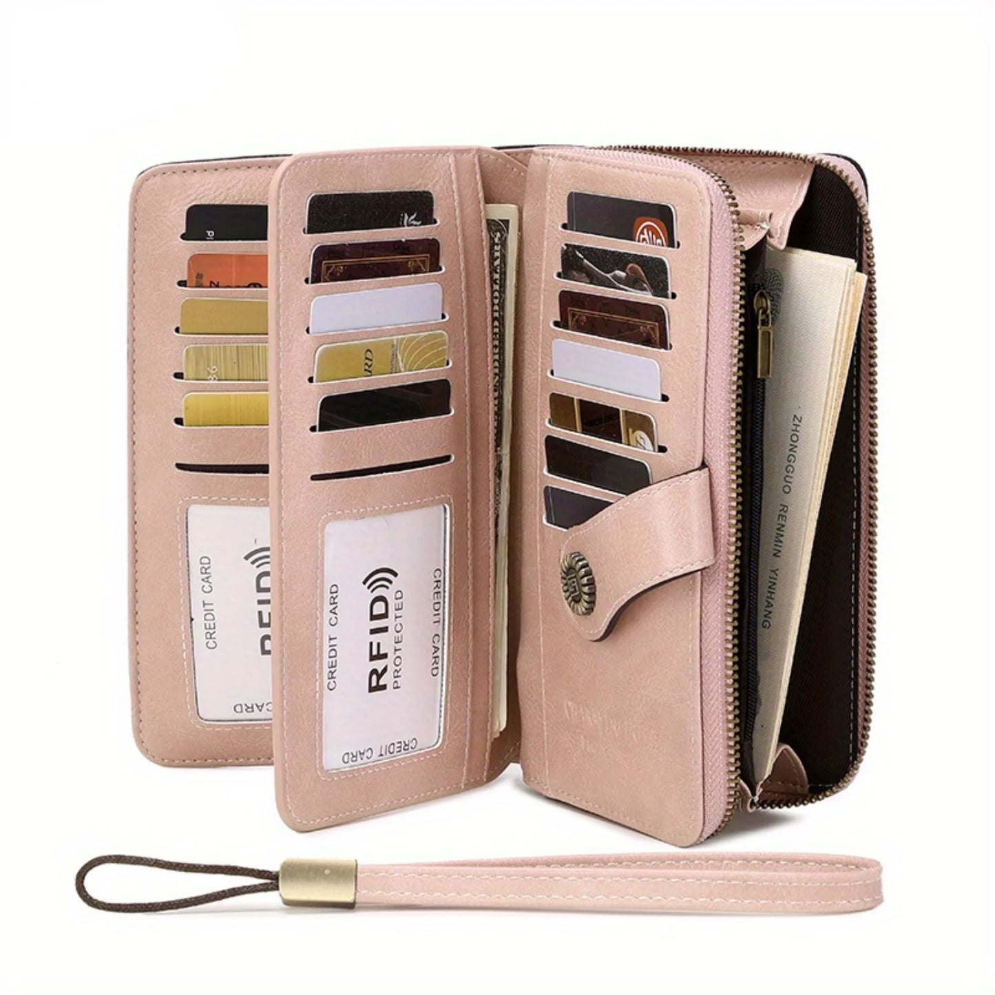 RFID Retro Large Capacity Long Wallet Solid Color Women's Purse With Wrist Strap