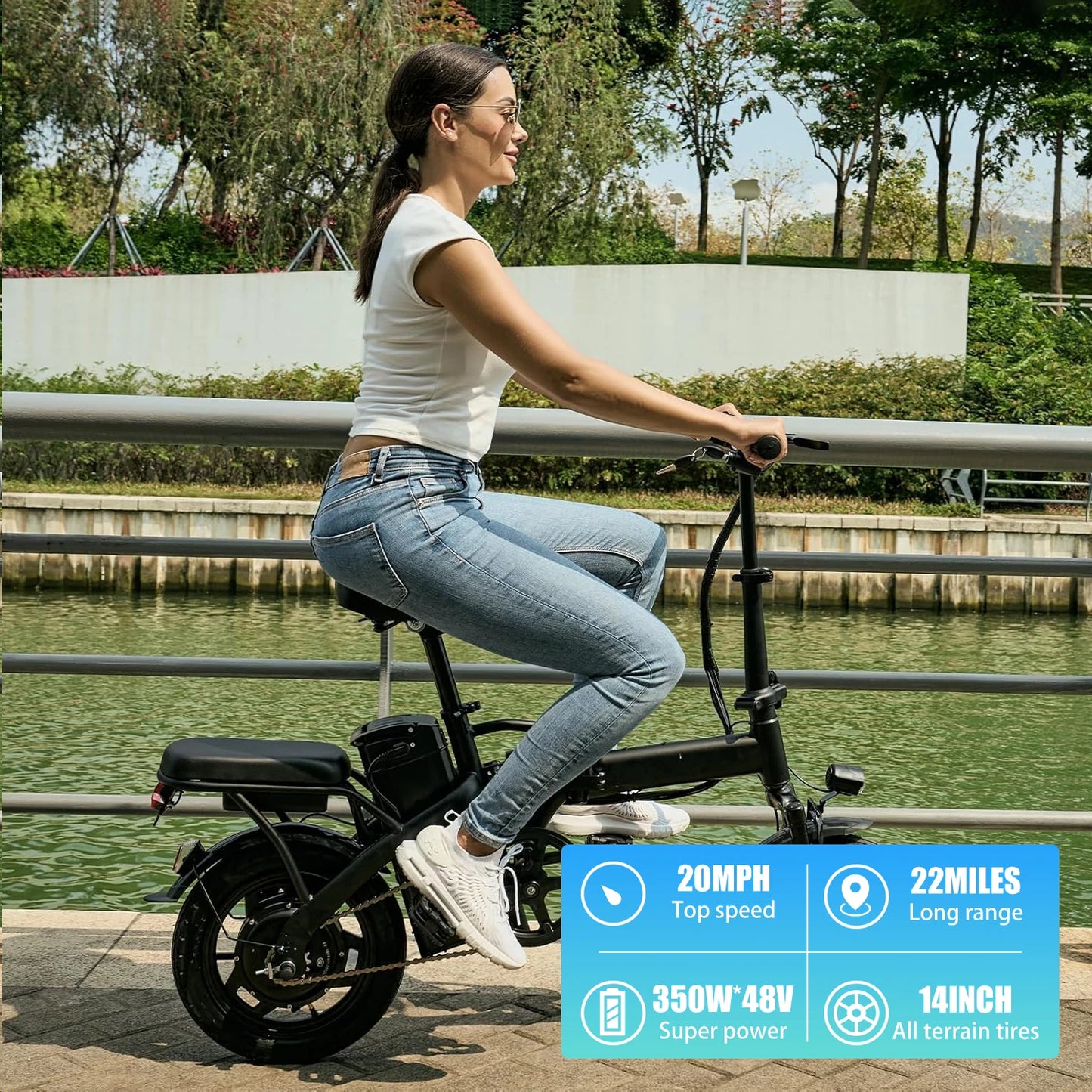 Hezzo Bicycle Foldable Electric Bike W/ Seat & Basket 14'' 48V 10.4Ah 350W Motor 22Miles Range 20 MPH Top Speed Ebike for Adults