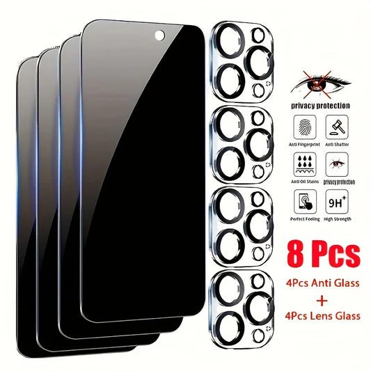 8in1 Privacy Tempered Gass for iPhone 15 Pro Max 4PCS Lens Screen Protector for iPhone 14 13 12 11