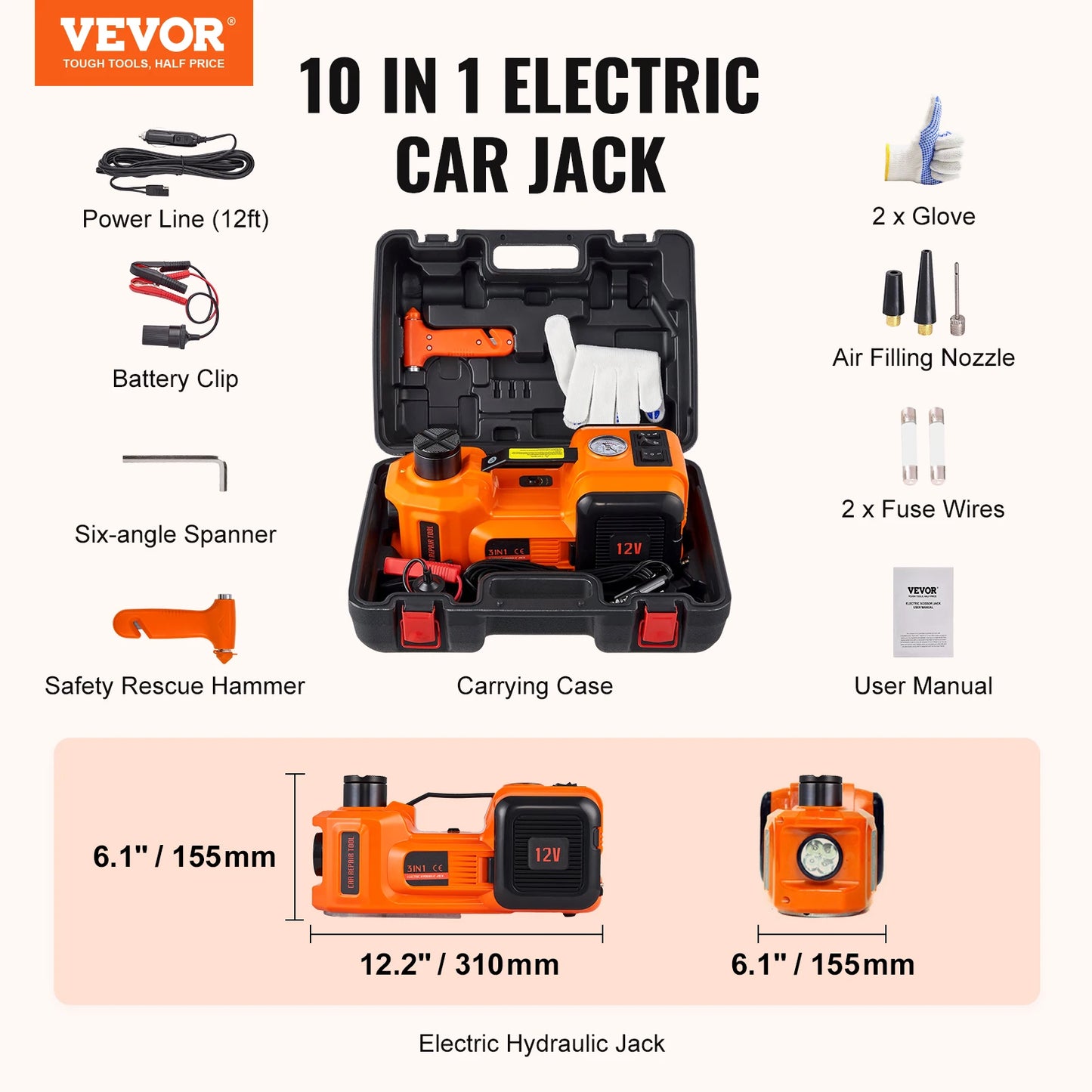 VEVOR Electric Car Jack 5 Ton Hydraulic Car Jack Portable Car Jack Lifting for SUV MPV Sedan Truck Change Tires Garage Repair