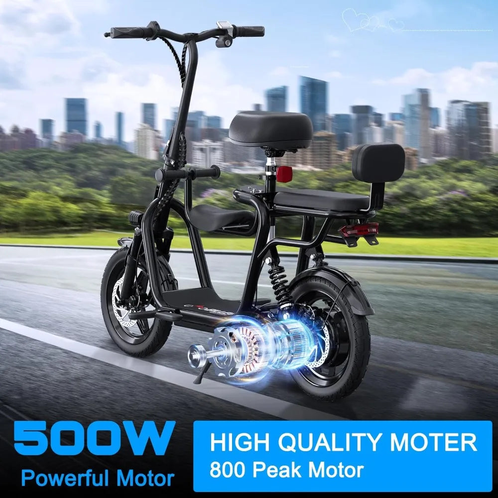 Electric Scooter with Seats for Adults Power by 500W Motor 800W Peak, E Bike with 14" Pneumatic Tire and 20 Miles Range&17.5Mph