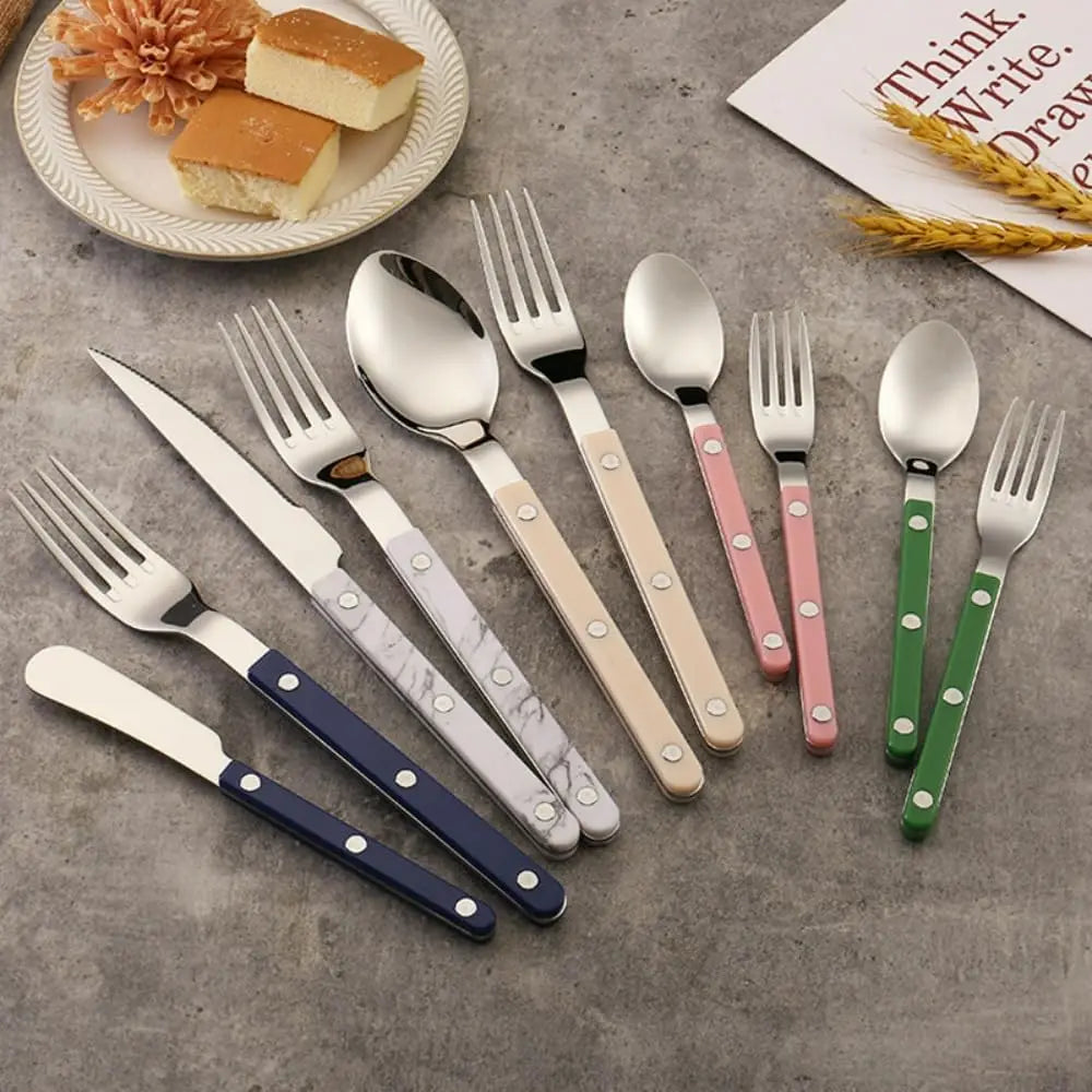 ABS Rivet Handle Marble Pattern Handle Kitchen Stainless Steel  Flatware Cutlery Knives Forks Spoons Set (5-piece set -4 set)