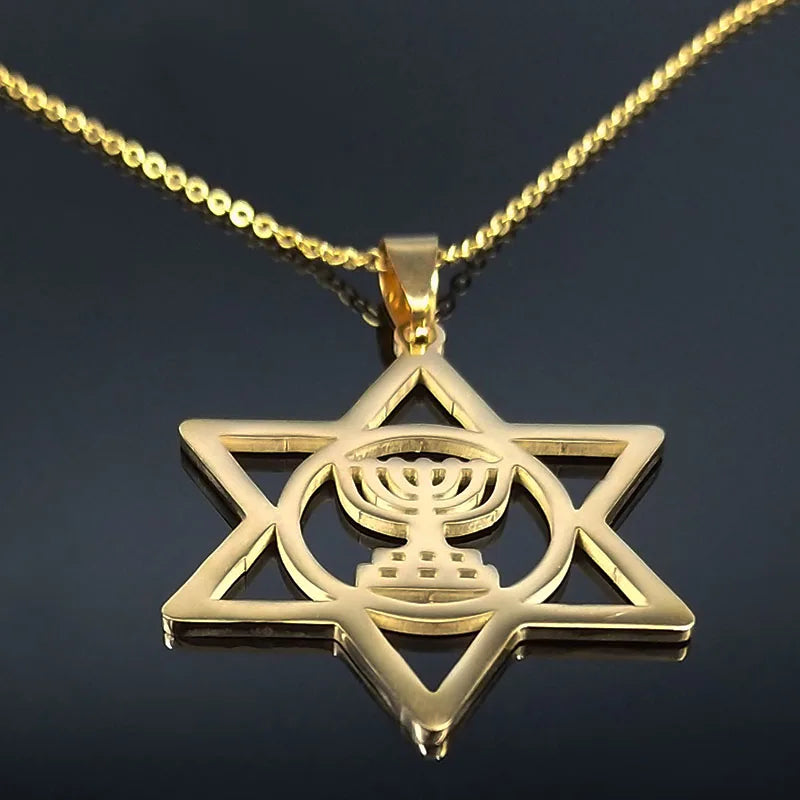 Jewish Menorah Star of David Stainless Steel Necklace Judaica Hebrew Israel Faith Lamp Hanukkah