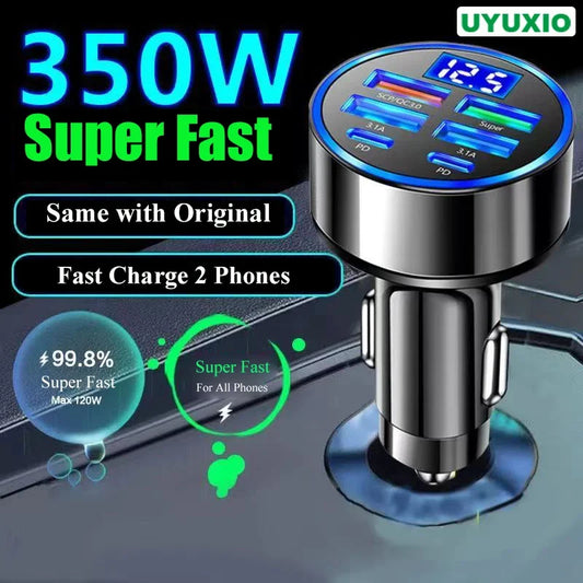 UYUXIO 6 in 1 USB C Car Phone Charger Adapter with Voltage Display Dual PD Super Fast for iPhone 15 Pro max OPPO Samsung Huawei