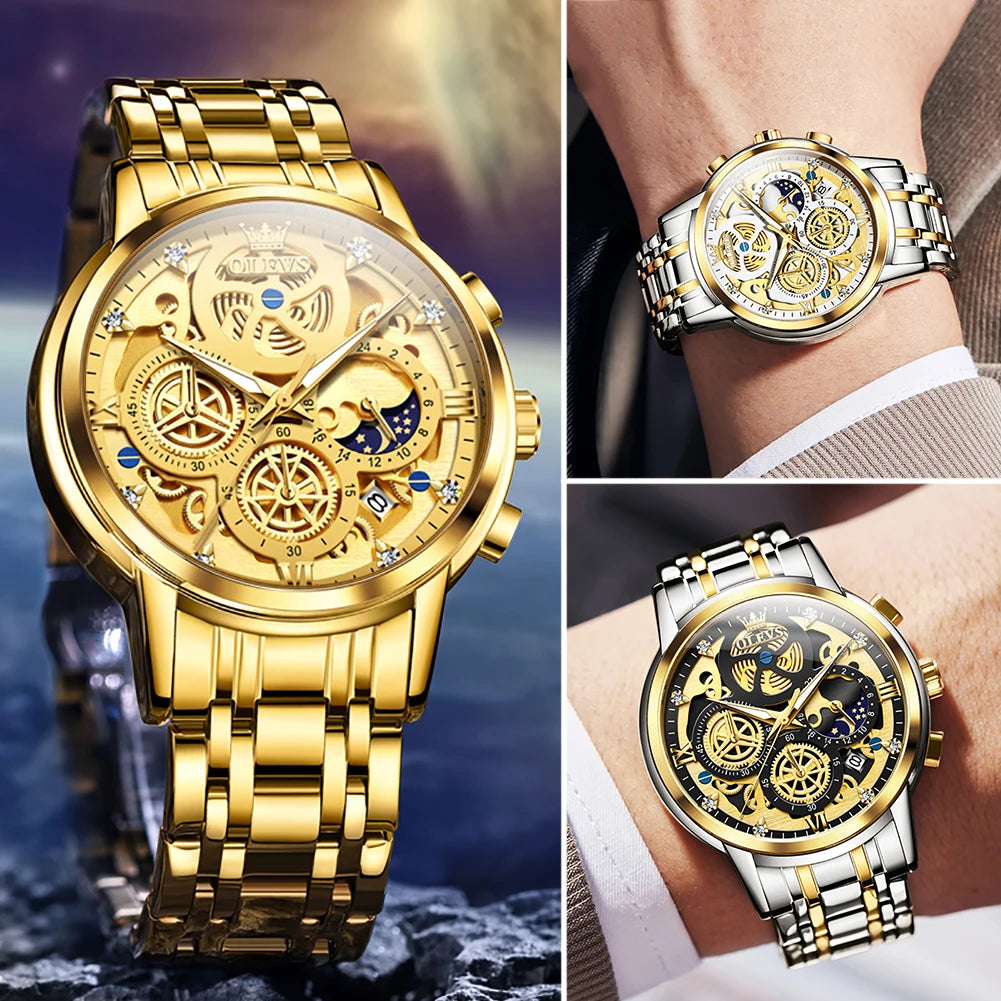 OLEVS Men's Watches Top Brand Luxury Original Waterproof Quartz Skeleton Style 24 Hour Day Night New