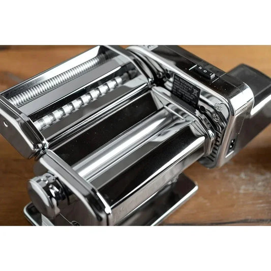 Atlasmotor 110V Electric Pasta Maker, Chrome Steel. Set includes Atlas 150, hand crank, clamp