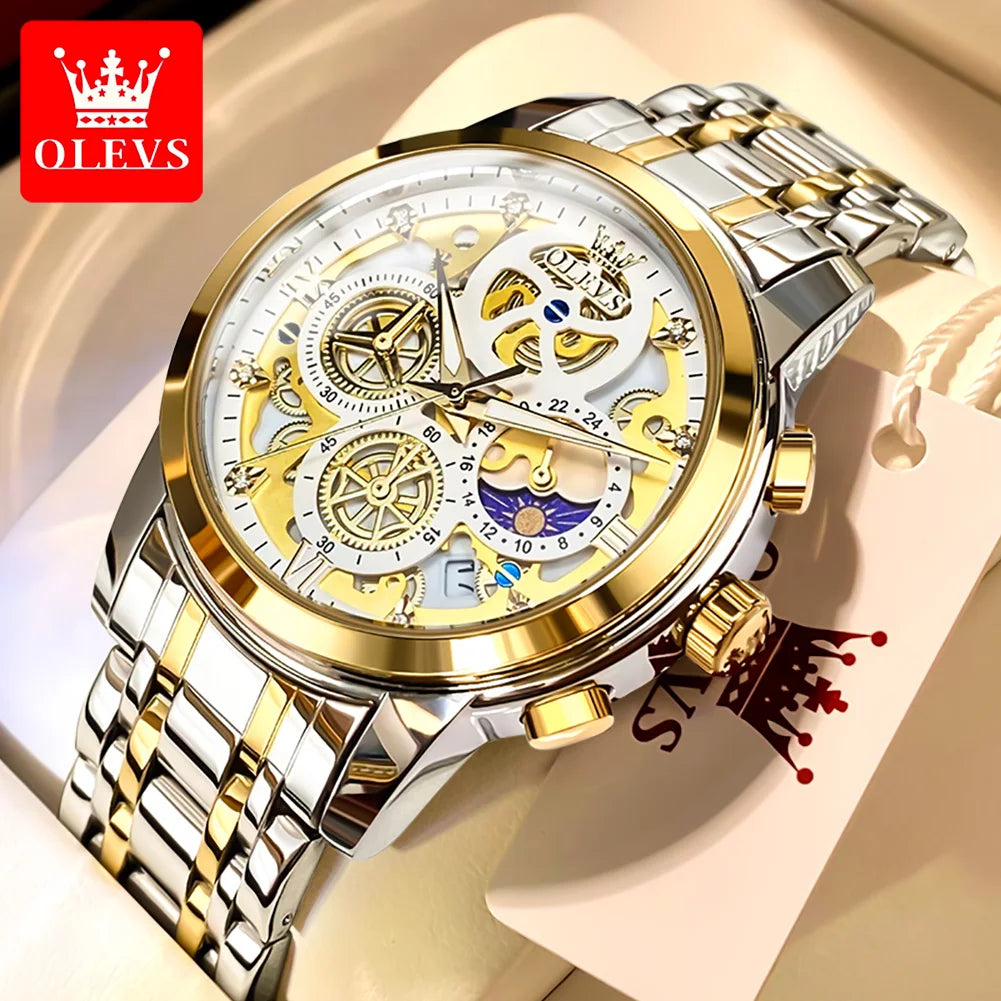 OLEVS Men's Watches Top Brand Luxury Original Waterproof Quartz Skeleton Style 24 Hour Day Night New