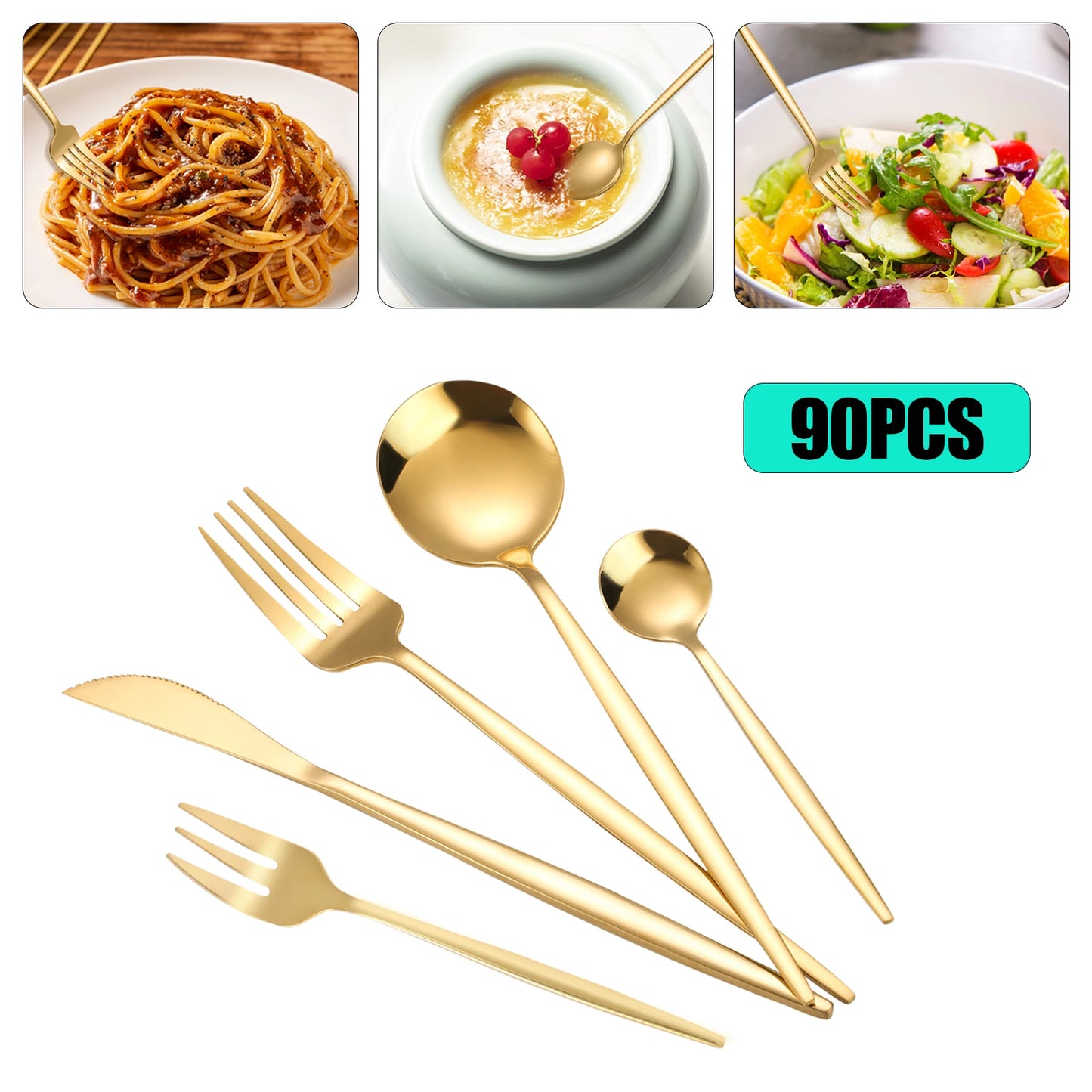 90PCS 18 Set Gold Flatware Cutlery 5 Golden Stainless Steel Kitchen Utensils Set Includes Gold Forks Knives and Spoons