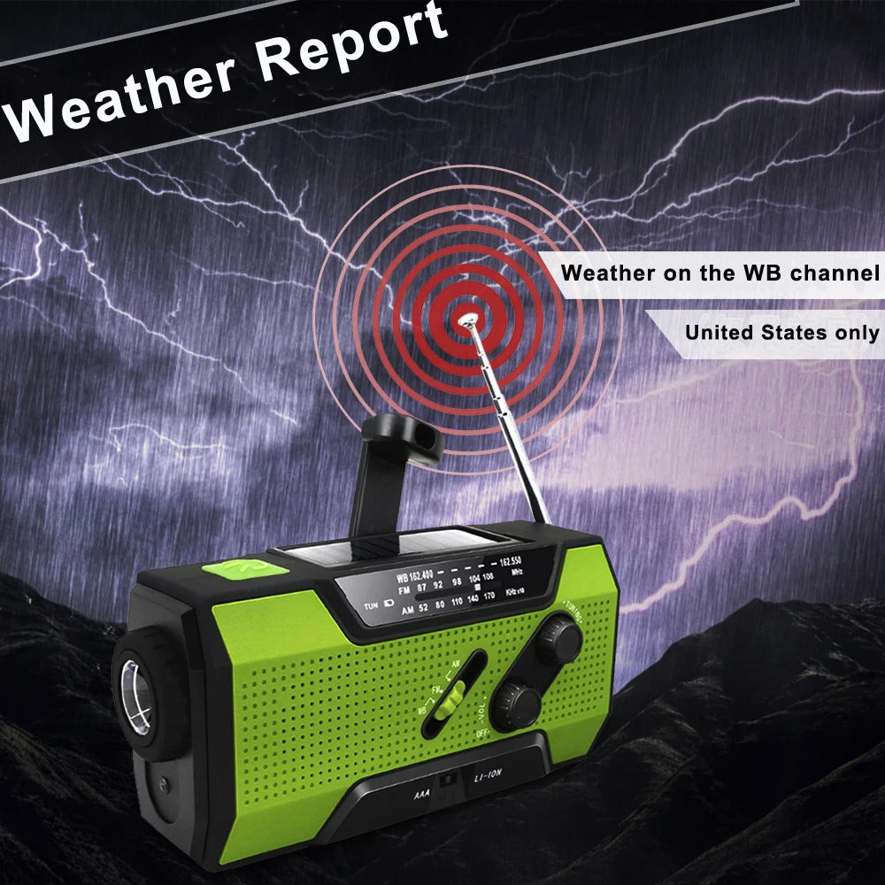 Emergency Weather Radio NOAA/AM/FM with 2000mAh Portable Power Bank USB/Solar/Hand Crank Charging, Battery Operated, SOS Alarm