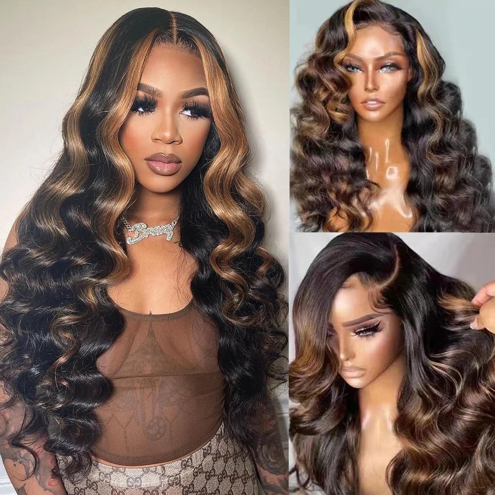 Highlight Body Wave Lace Frontal Wigs Human Hair 13x6 Lace Front Wig  Blonde Highlights Colored Body Wave