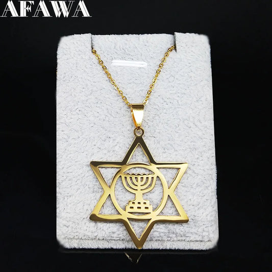 Jewish Menorah Star of David Stainless Steel Necklace Judaica Hebrew Israel Faith Lamp Hanukkah