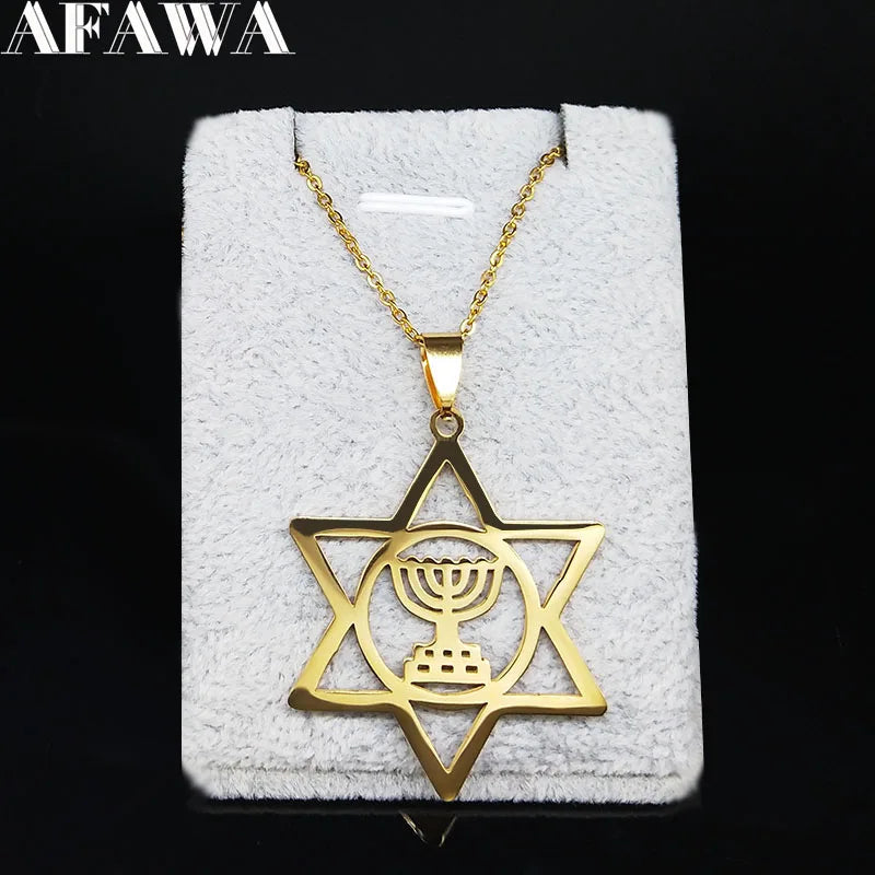 Jewish Menorah Star of David Stainless Steel Necklace Judaica Hebrew Israel Faith Lamp Hanukkah