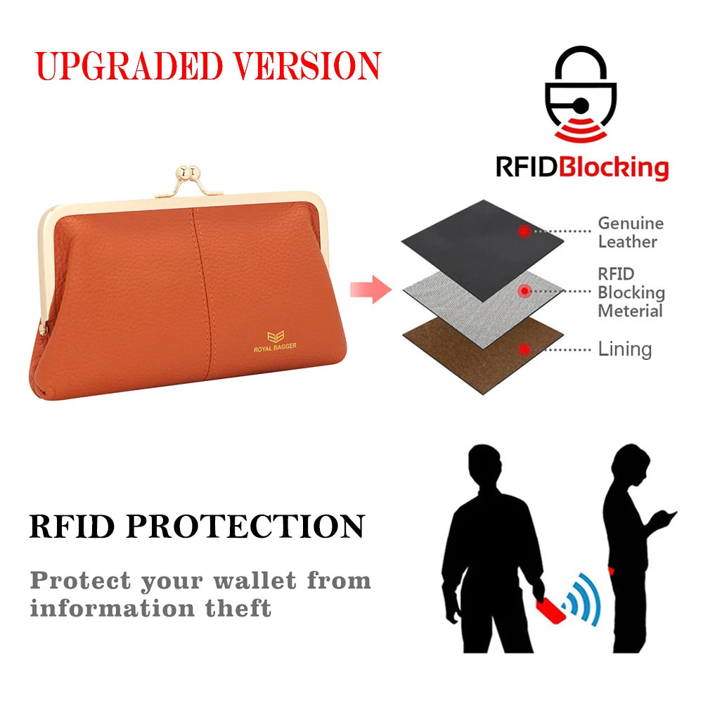 Royal Bagger RFID Kiss Lock Wallet, Solid Color Multi-card Slots Card Holder, Genuine Leather