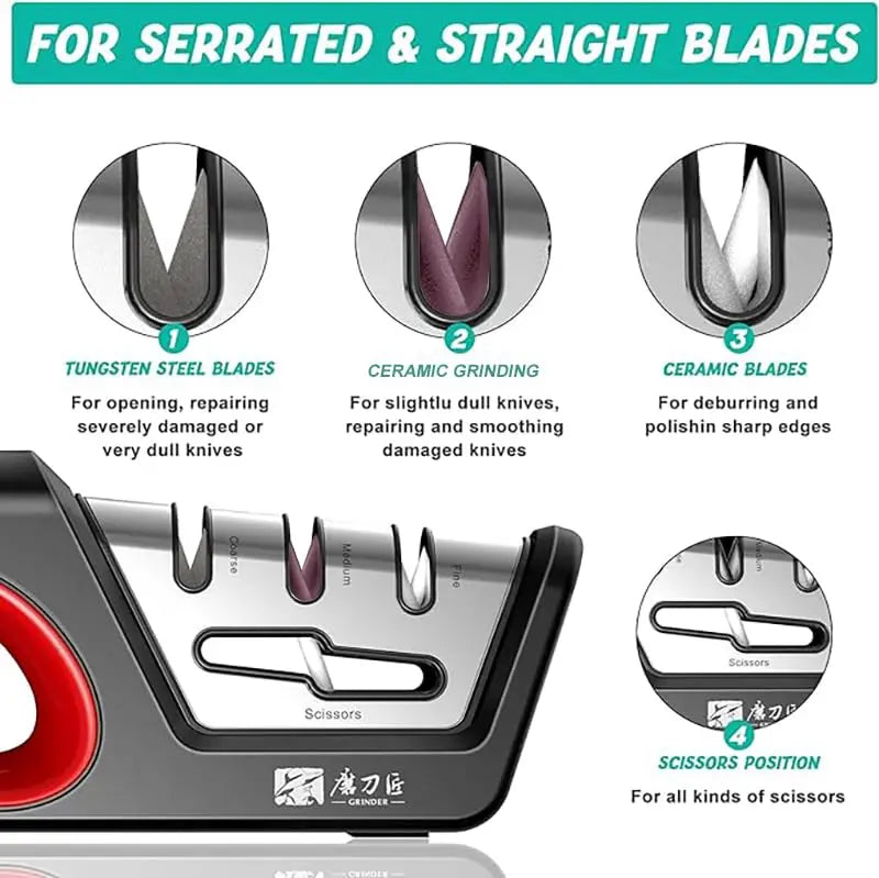 Four in one kitchen sharpener restores serrated blade knives and scissors, diamond tungsten steel ceramics