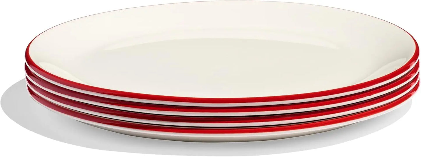 Cookware 10" Dinner Plates Set of 4 White With Red Rim Plates are not only microwave dishwasher and freezer-safe