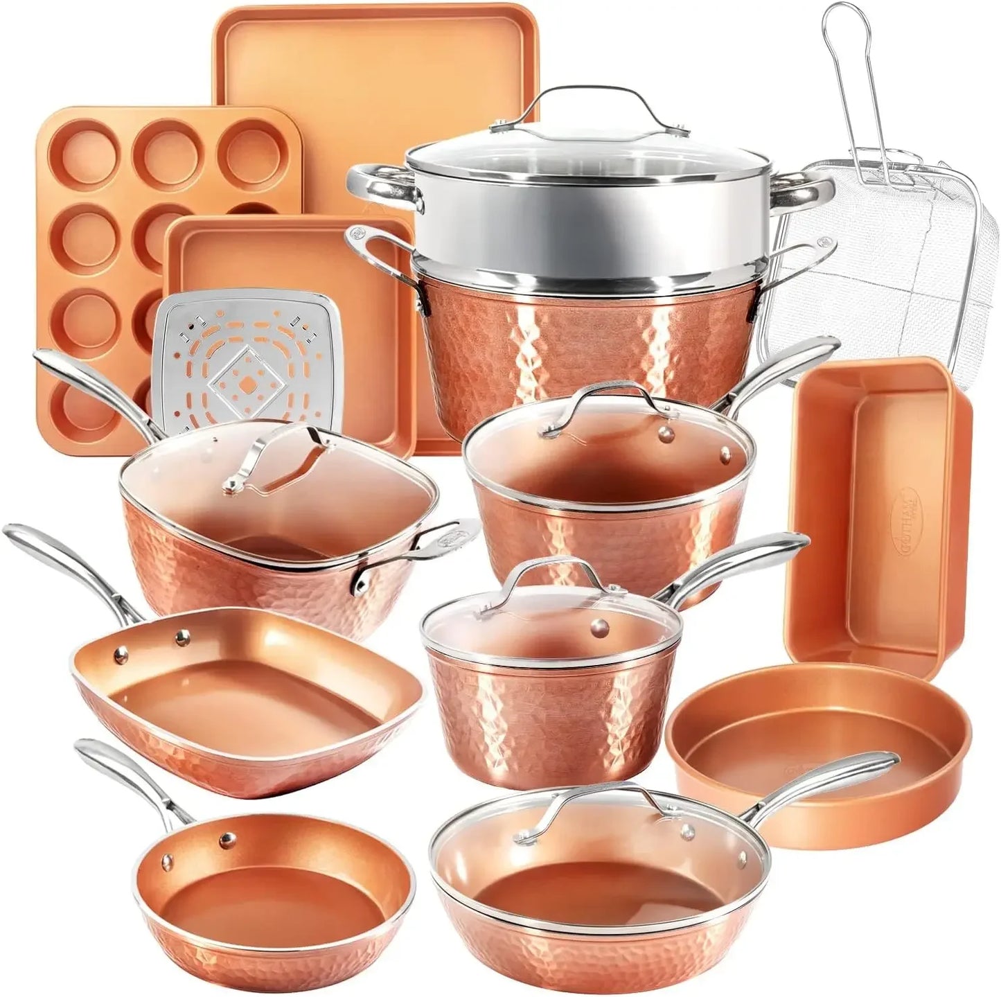 Hammered Copper Collection 20 Piece Premium Pots and Pans Set Nonstick Ceramic Cookware + Bakeware Set for Kitchen