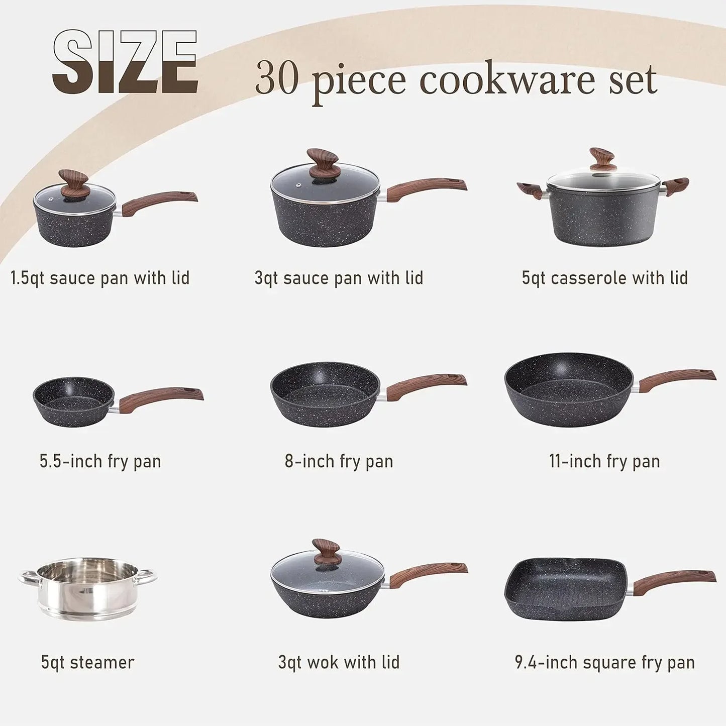 Cookware & Bakeware Set - 30 Piece Black Granite Cooking Pans Set, Non-Stick Pots and Pans Set